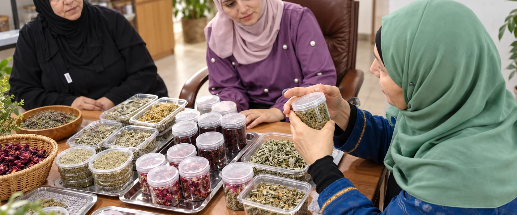 نساء من جمعية بيت خيرات أم اللولو يجهّزن الأعشاب والورد المجفف